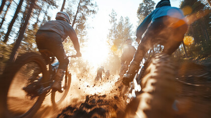 Mountain bikers racing through a sunlit forest trail