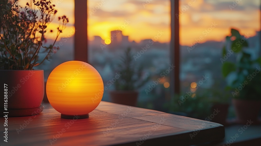 Poster a round lamp casts a warm light on a wooden table adorned with potted plants. the vibrant sunset col