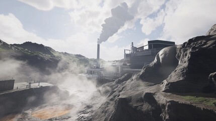 Fototapeta premium Geothermal power plant in a volcanic region surrounded by rocky terrain, hot springs, and misty steam rising from the ground, creating an atmospheric and futuristic energy production scene.