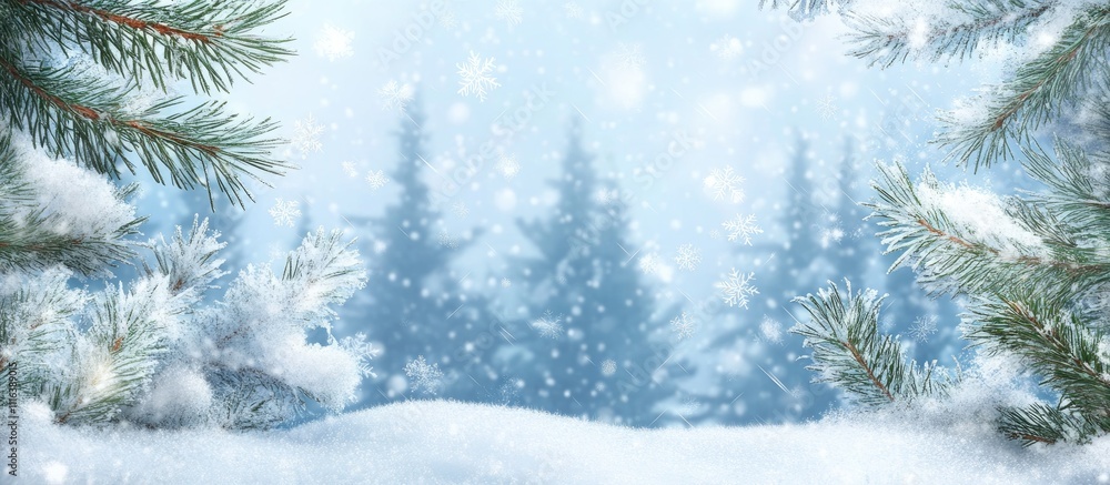 Poster serene winter landscape with snow-covered pine branches and frosty fir trees creating a tranquil atm