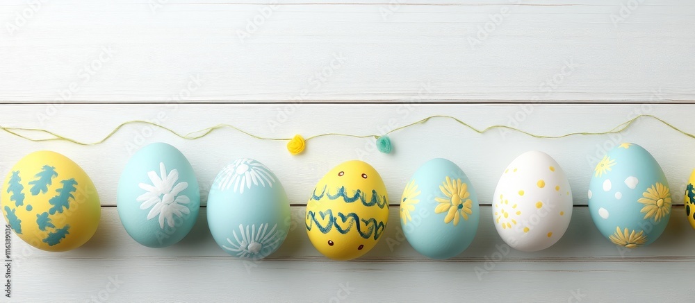 Aufkleber decorative boiled eggs in pastel colors arranged on a light wood surface with empty space for text t