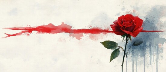 Elegant red rose beside artistic watercolor splash on cream background ideal for romance gift or floral-themed design concepts.