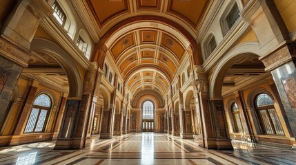 Grand hall interior with high arches, marble floors, and ornate ceilings.