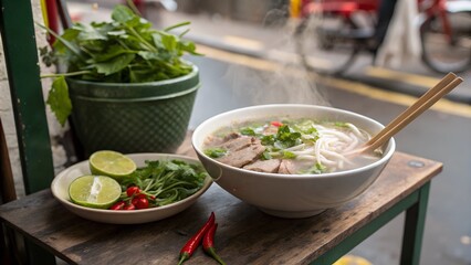 Vietnamese pho soup bowl with lime, chili, and fresh herbs on a table