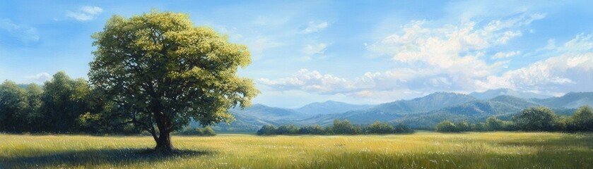A solitary large tree standing in a lush green meadow under a vivid blue sky