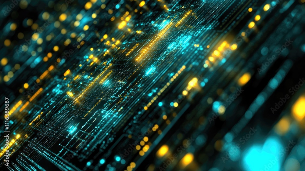 Poster data processing visualization with glowing circuits representing global shipping and digital logisti