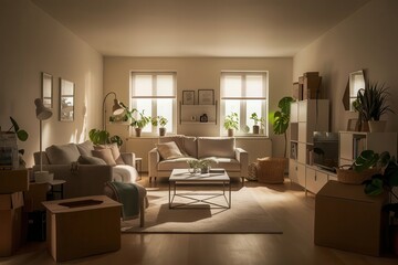 Fototapeta premium Living Room Filled with Cardboard Boxes