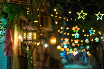 Obraz premium A vibrant night scene with decorative lanterns and star lights.