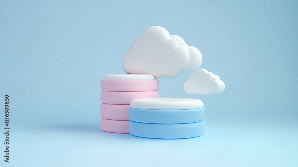 Poster cloud storage technology with colorful data disks and clouds illustrating file transfer and big data