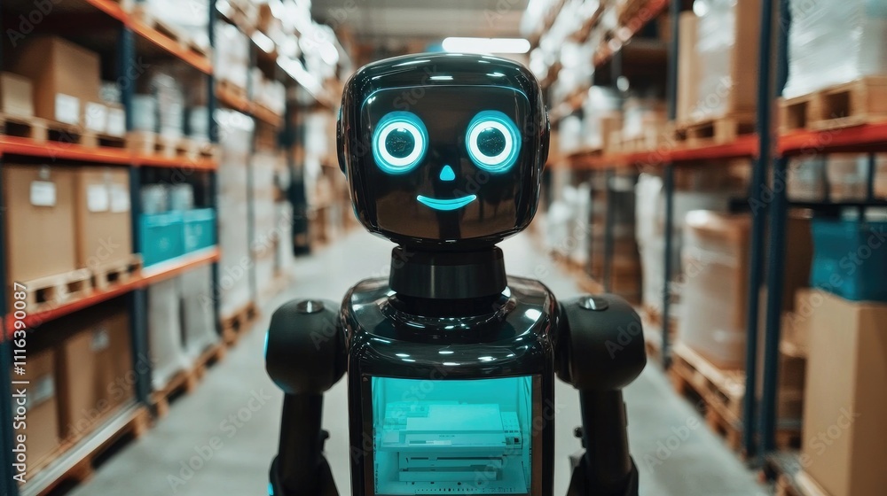 Poster friendly industrial robot assisting in warehouse automation showcasing the future of artificial inte