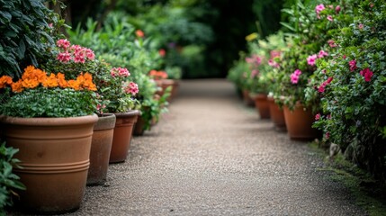 beautiful garden full of pots with flowers surrounding a path