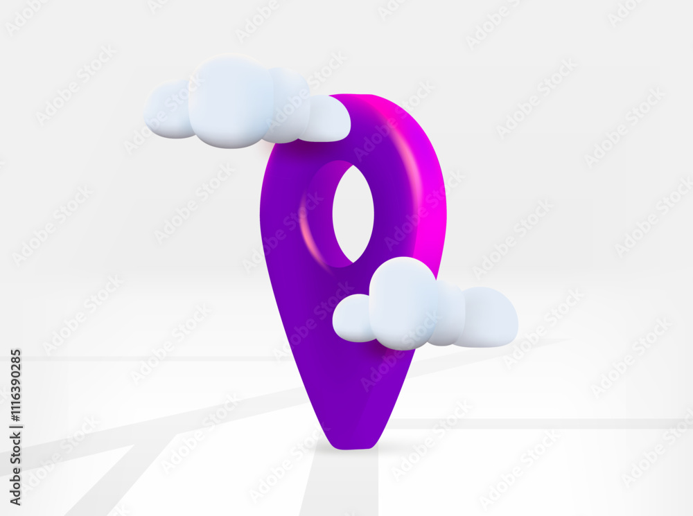 Aufkleber violet map pin with road map and clouds. 3d vector isolated illustration