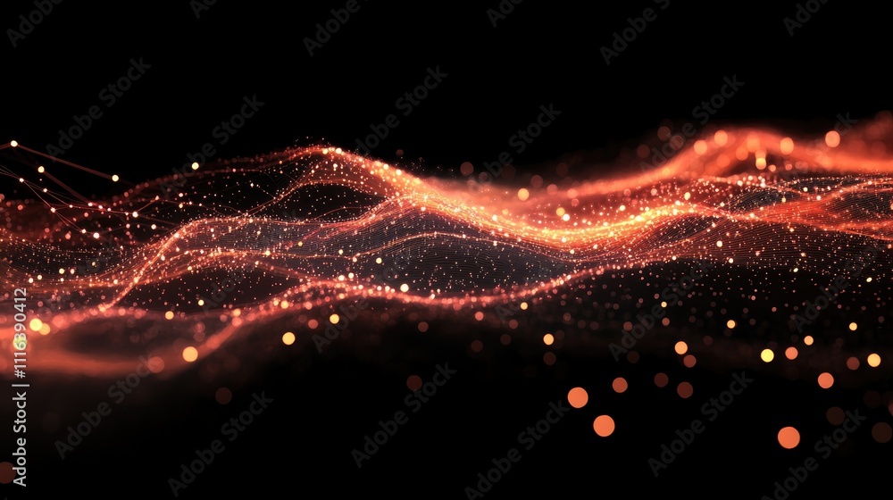 Poster abstract digital wave with glowing particles representing data processing and global connectivity ov