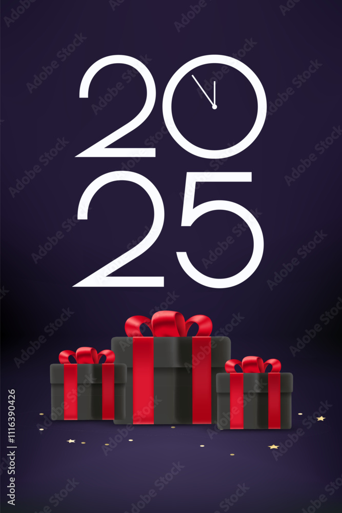 Poster happy new 2025 year greeting card. composition with digits and gift boxes. 3d vector
