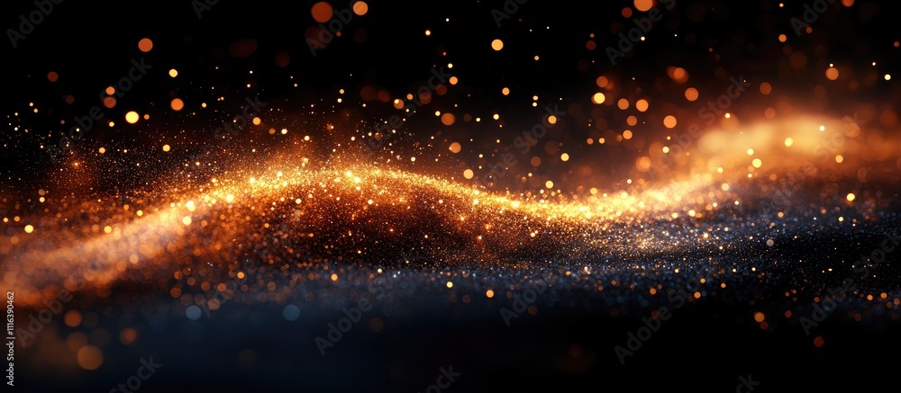 Poster glistening particles of light creating a shimmering wave effect against a dark background for creati