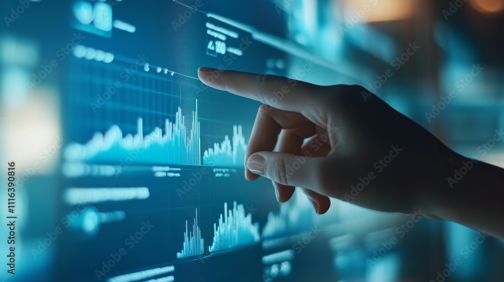 Poster hand interacting with digital dashboard displaying business data insights
