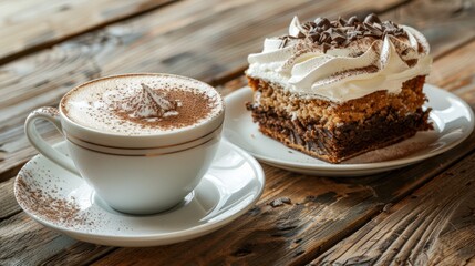 A Cup of Coffee and a Slice of Chocolate Cake on Wooden Table