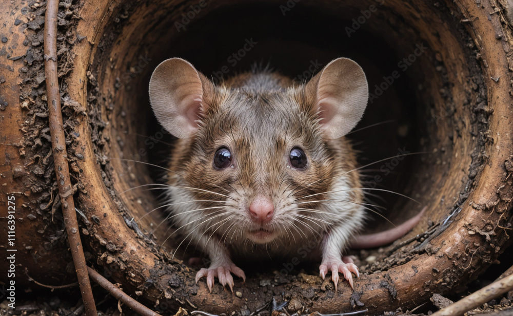 Poster small brown mouse is standing in a hole. it has two ears and is looking at the camera