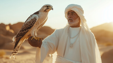 Emirati man with falcon in desert sunset
