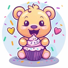 Fototapeta premium A fun vector design of a teddy bear blowing out candles on a birthday cake, with party hats and streamers