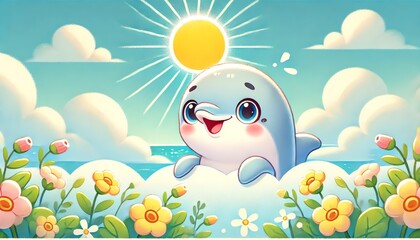 Naklejka premium An illustration featuring one cute dolphin peeking into the frame with a playful and expressive look