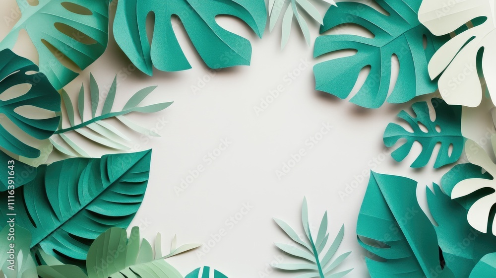 Aufkleber paper cutout tropical leaves framing an empty space for text on a light background creating a fresh 