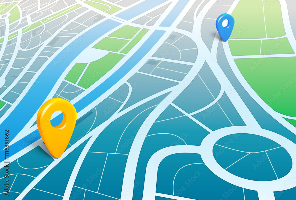 Aufkleber abstract city map with red pins. find the way concept. 3d vector illustration