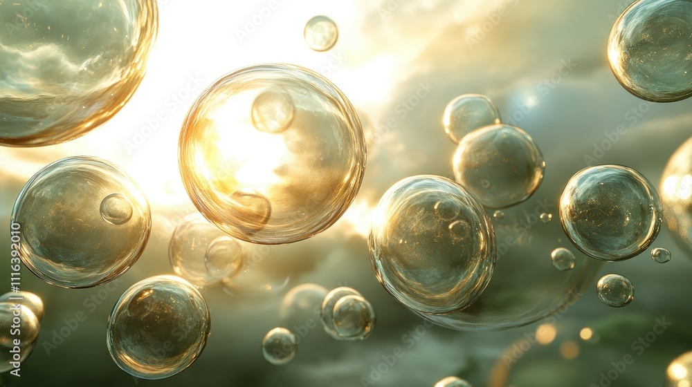 Aufkleber bubbles floating in a dreamlike atmosphere with sunlight and clouds in background