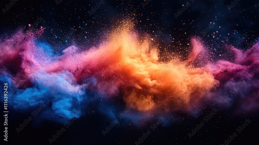 Aufkleber vibrant color dust explosion creating dynamic patterns in mid-air against a dark background showcasi