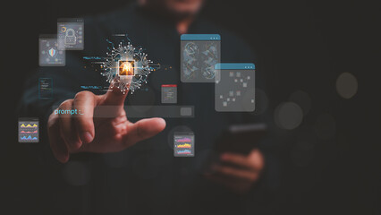 Person interacts with advanced AI technology via holographic interface, vibrant array of data...