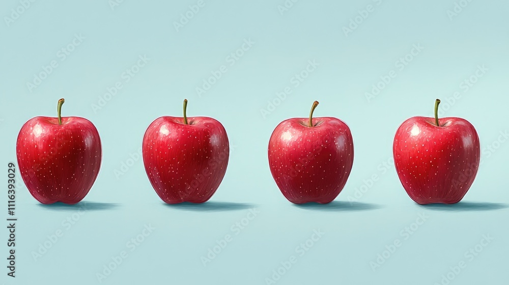 Poster four vibrant red apples arranged in a row on a soft blue background showcasing freshness and simplic