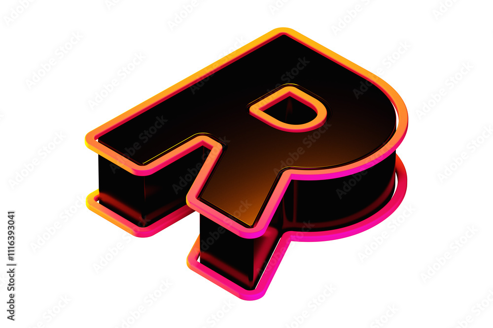 Poster top view 3d letter r in black with orange-pink bright gradient.. isometric 3d rendering display typo