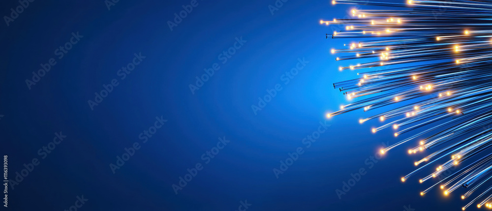 Poster a vibrant blue background with glowing strands of light, creating a dynamic and futuristic atmospher