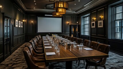 Elegant conference room with a long table and modern decor.