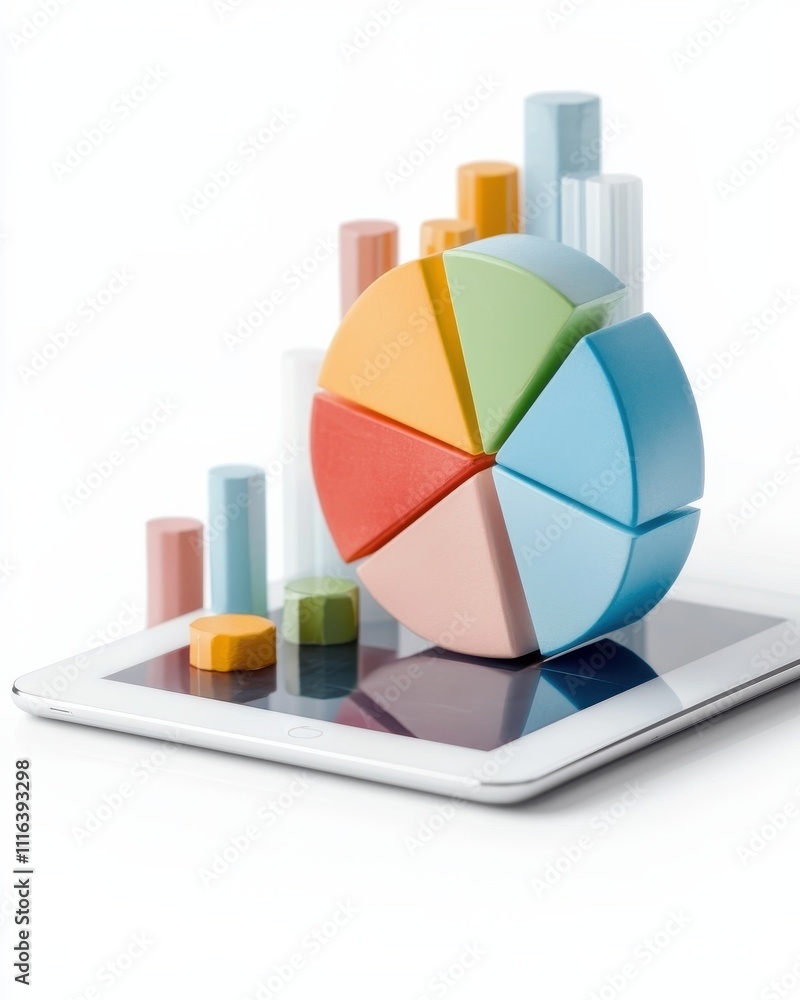 Poster analyzing business data trends with colorful graphs on tablet screen modern office infographic digit