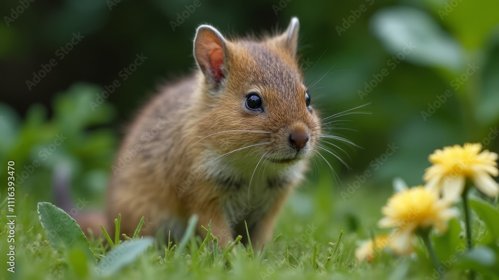 Canvas Prints A small brown animal sitting in the grass next to a yellow flower