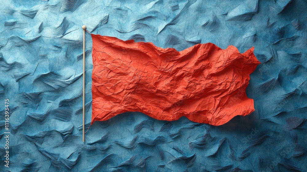 Poster textured blue background with a wrinkled red flag depicting creativity and boldness in design and ar