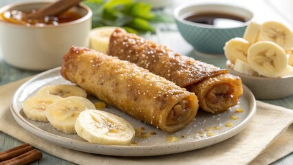 Filipino turon breakfast platter with bananas, syrup, and cinnamon