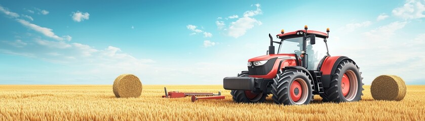Obraz premium A red tractor working in a golden field, surrounded by hay bales under a bright blue sky, showcasing a peaceful agricultural scene.