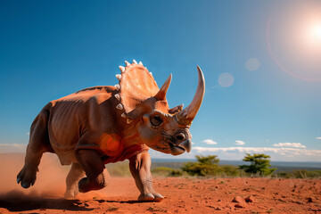 Fototapeta premium A rhino is running through a desert with a bright sun in the background