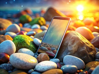 Mockup Phone on Rocks - UI/UX Design Presentation, 3D Illustration