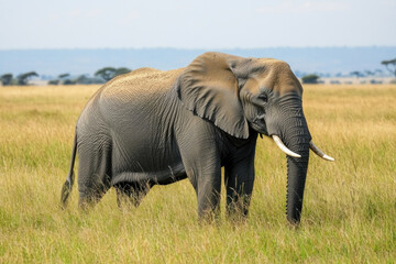 Obraz premium Large elephant with tusks in golden savanna grass.