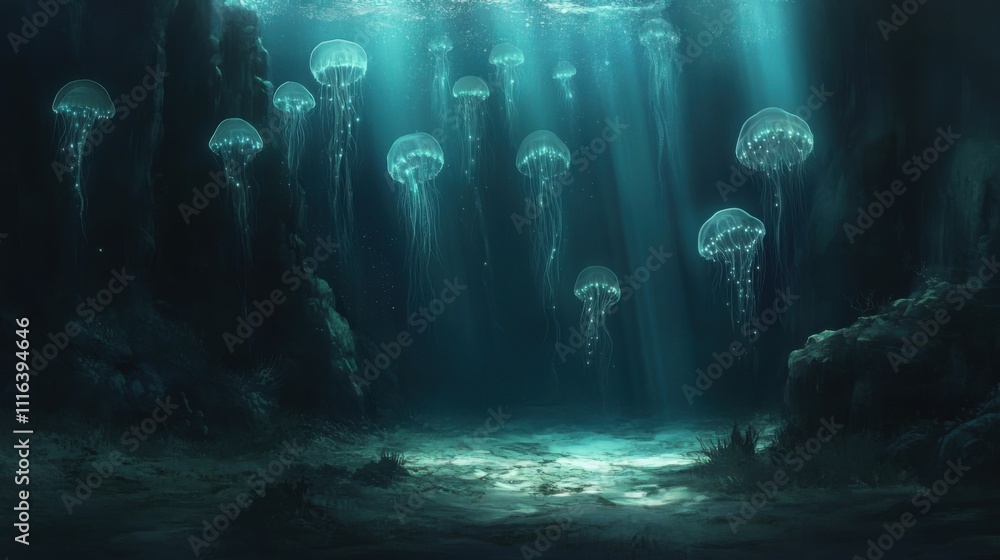 Poster ethereal underwater scene with glowing jellyfish illuminating the deep ocean floor in a mystical, dr