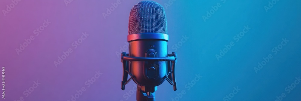Poster a close-up of a microphone against a colorful gradient background.
