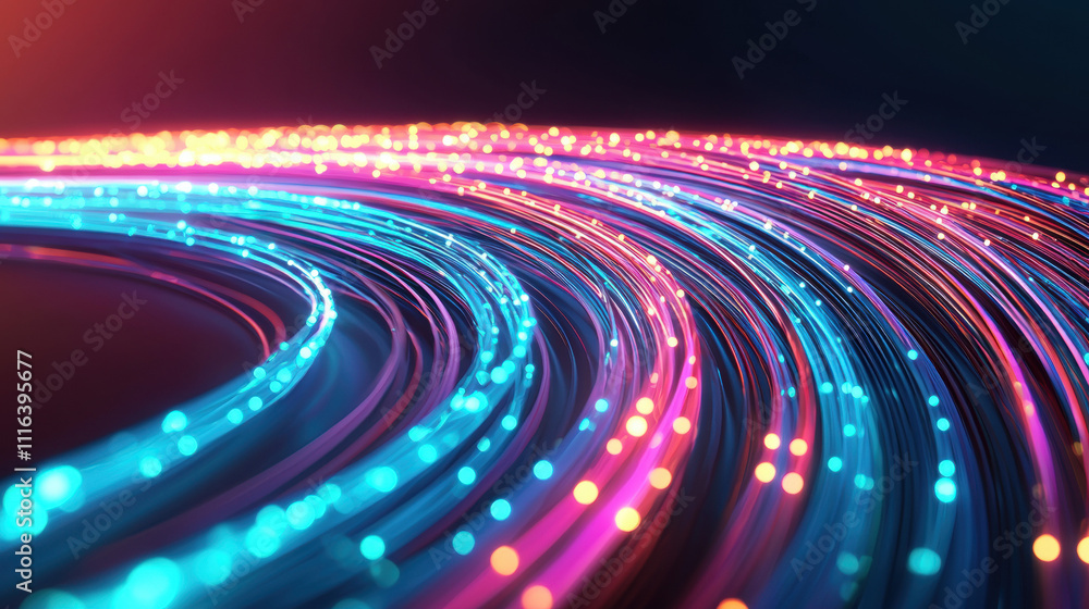 Poster a vibrant, abstract image showcasing colorful light trails flowing in a dynamic, wavy pattern agains