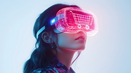 Woman Exploring Virtual Reality Shopping Experience with Futuristic VR Headset
