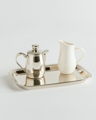 Fototapeta premium Elegant silver teapot and creamer set on tray minimalist style home decor studio setting still life