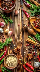 Fototapeta premium A Vibrant Arrangement of Various Spices and Herbs on a Wooden Table with Colorful Ingredients for Culinary Inspiration and Flavorful Cooking Ideas