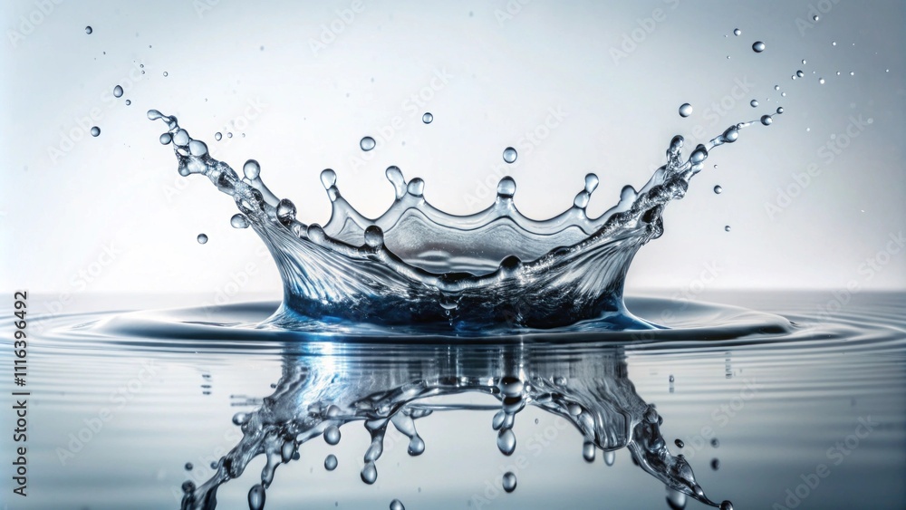 Poster stunning close-up of a water splash creating beautiful droplets with a crown shape on a reflective s