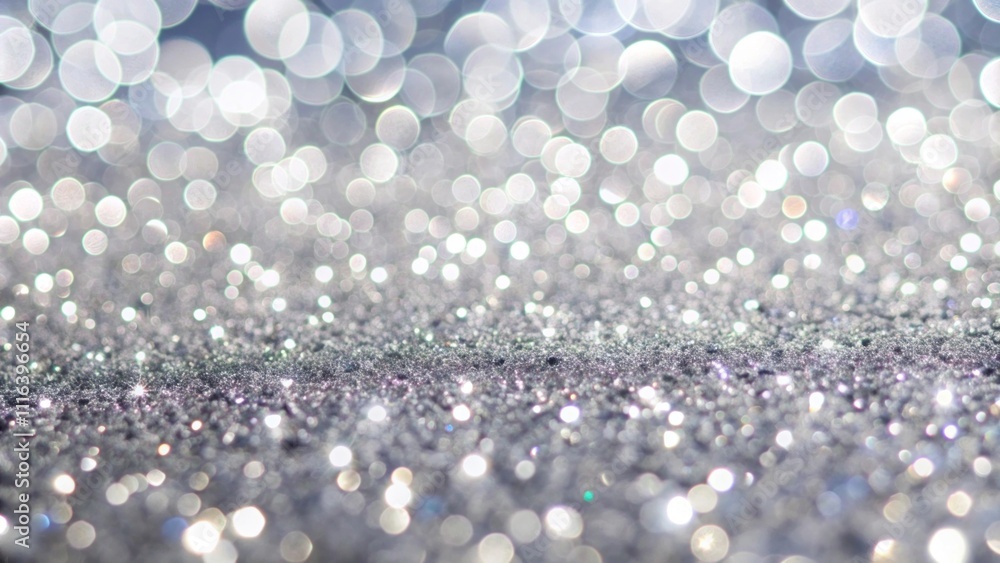 Poster glittering silver background with soft bokeh lights creating an elegant and sparkling atmosphere for